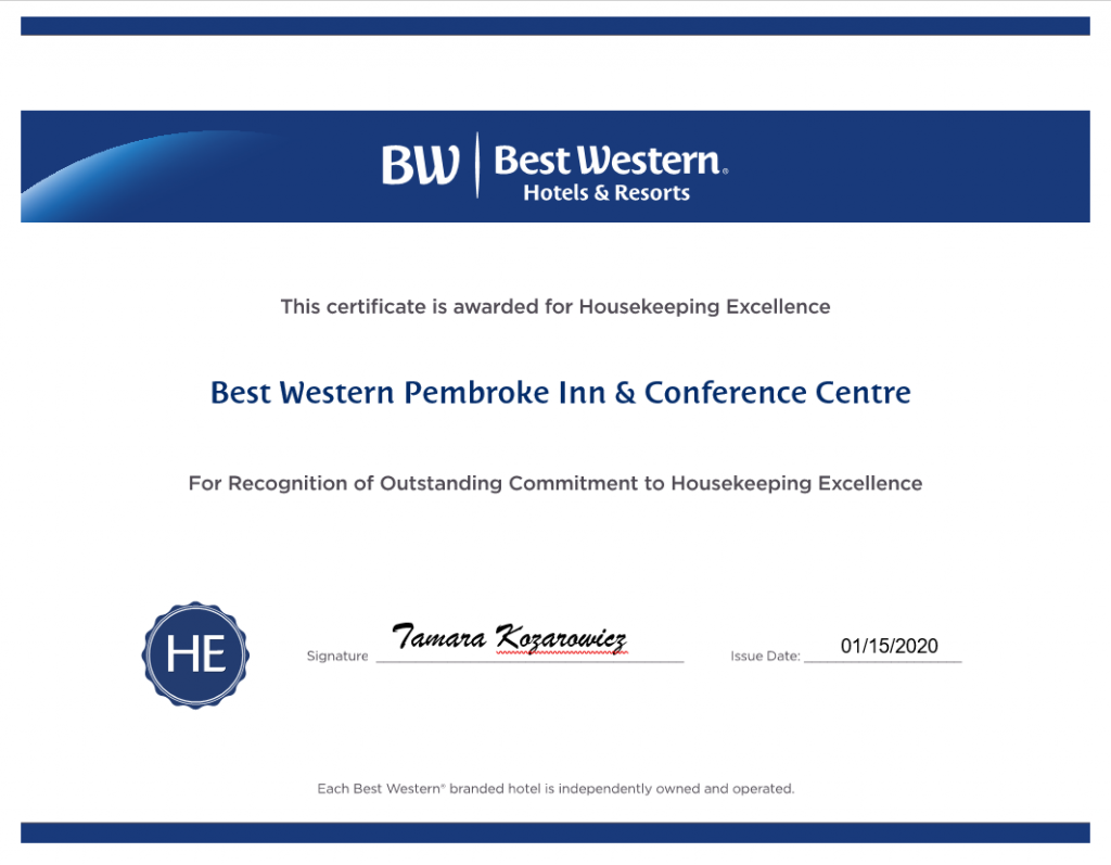 Best Western Pembroke Housekeeping Award