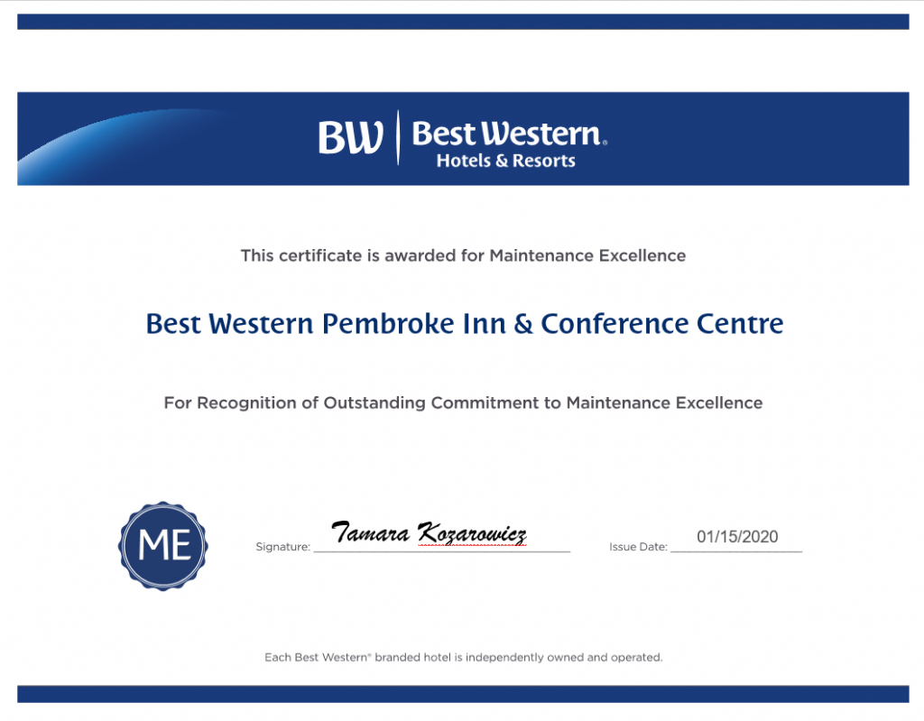 Best Western Pembroke Maintenance Award